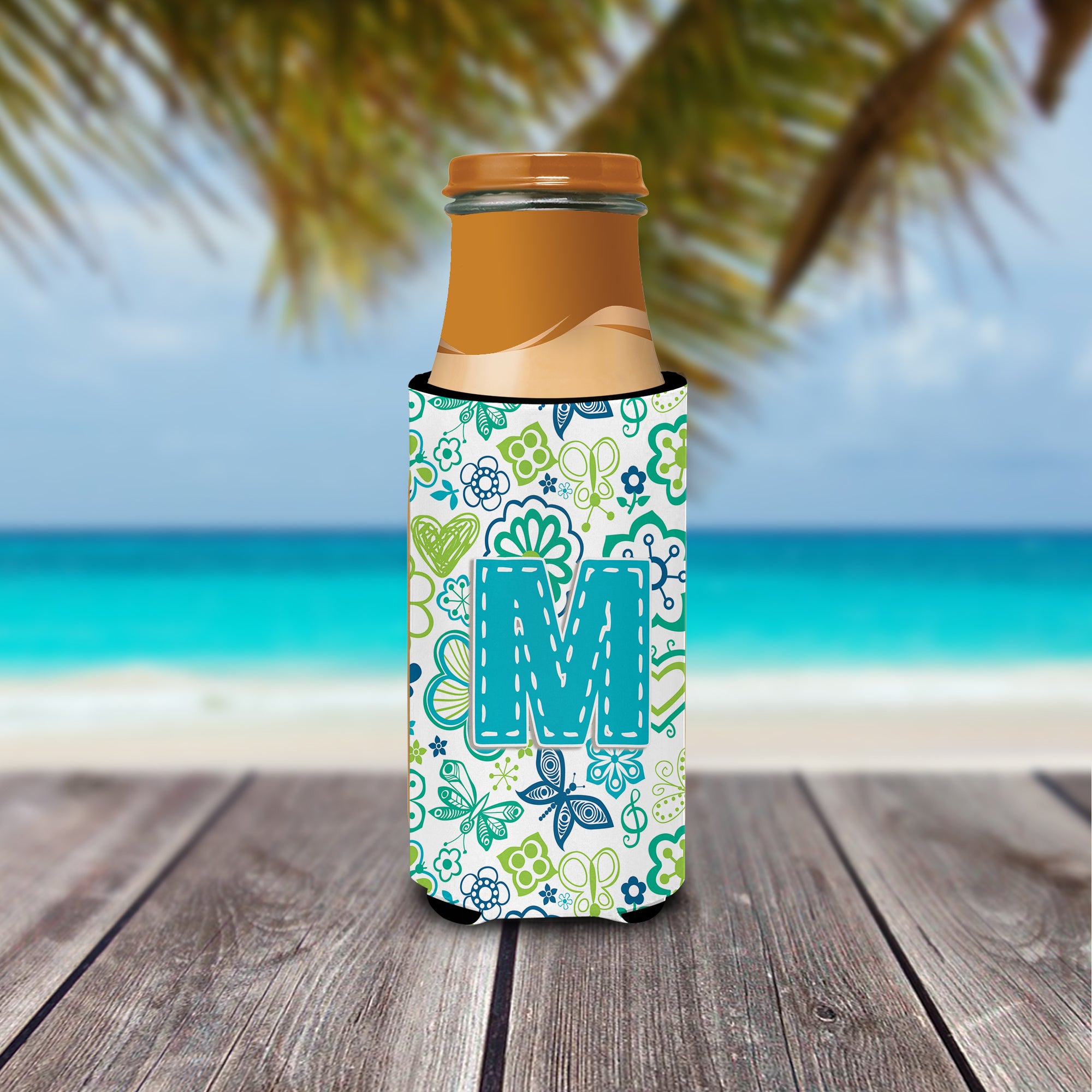 Letter M Flowers and Butterflies Teal Blue Ultra Beverage Insulators for slim cans CJ2006-MMUK.