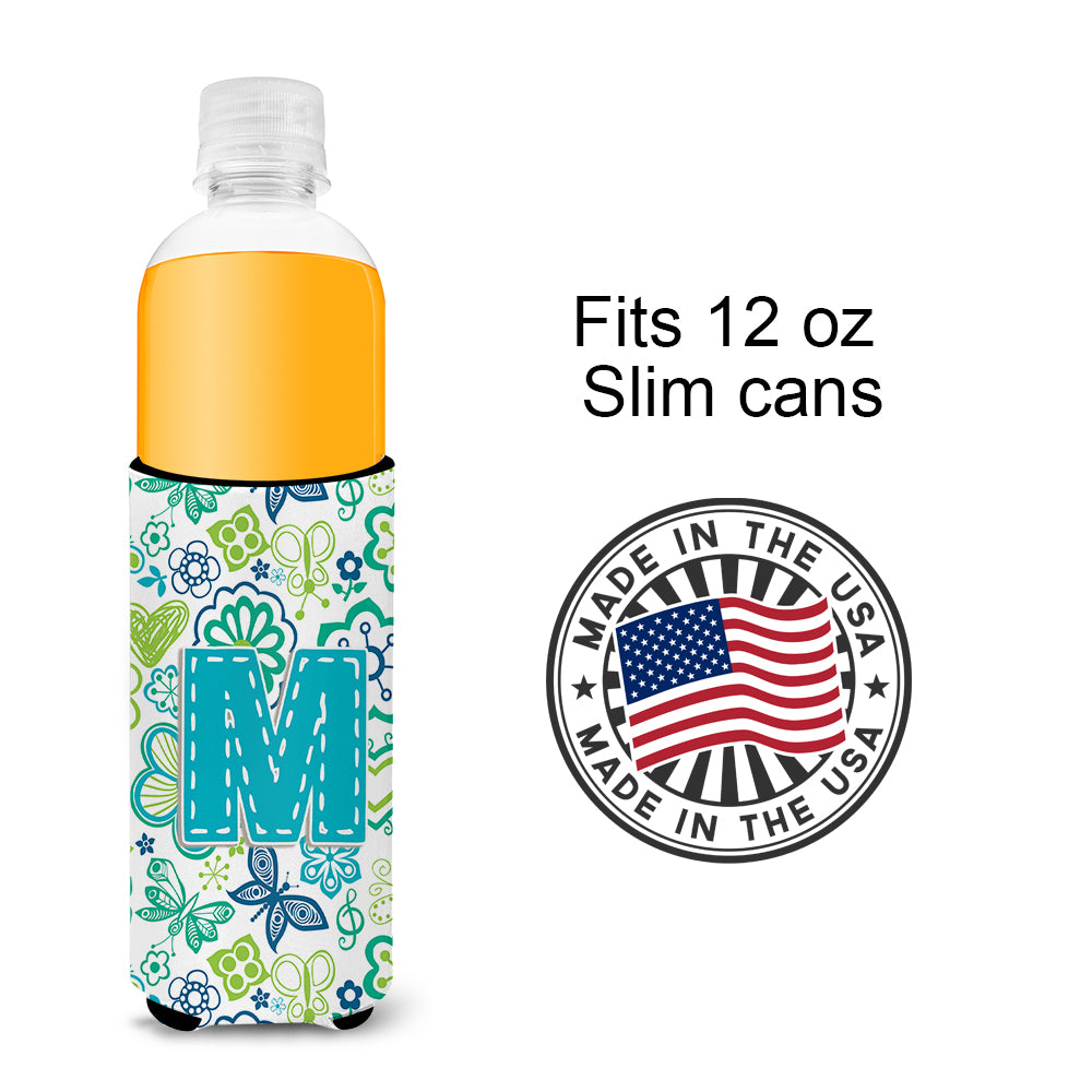Letter M Flowers and Butterflies Teal Blue Ultra Beverage Insulators for slim cans CJ2006-MMUK