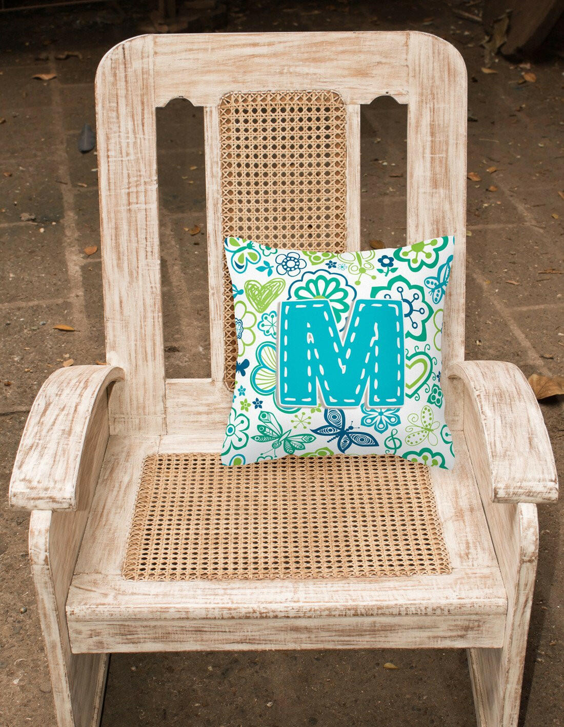 Letter M Flowers and Butterflies Teal Blue Canvas Fabric Decorative Pillow CJ2006-MPW1414 by Caroline's Treasures