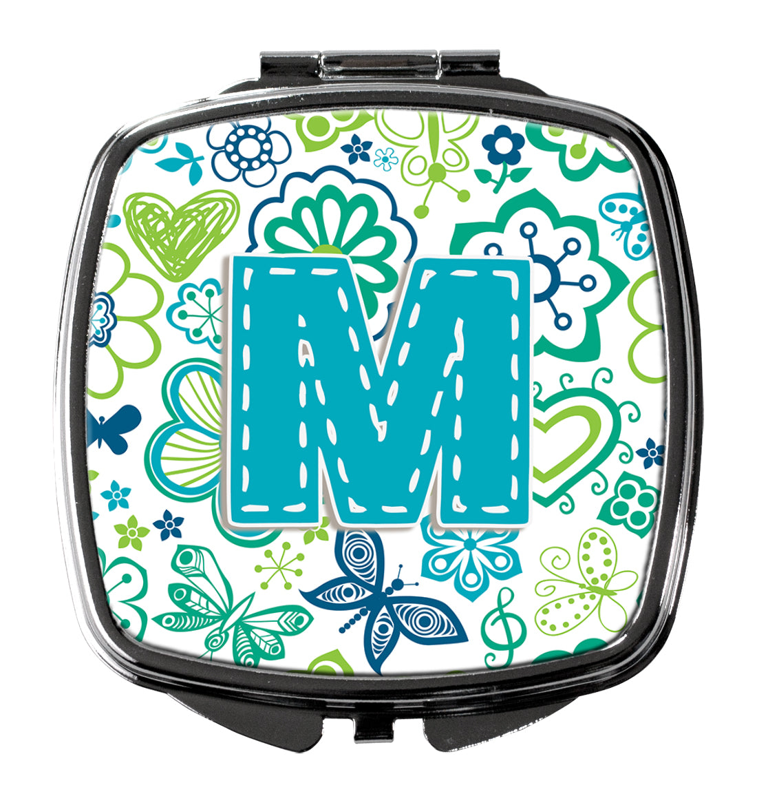 Letter M Flowers and Butterflies Teal Blue Compact Mirror CJ2006-MSCM  the-store.com.
