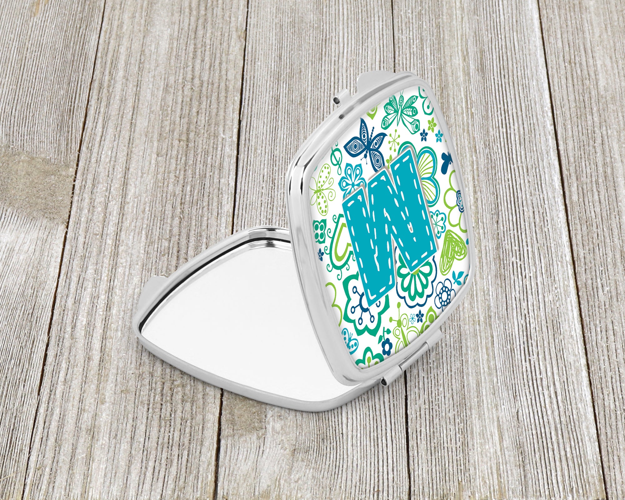 Letter M Flowers and Butterflies Teal Blue Compact Mirror CJ2006-MSCM  the-store.com.