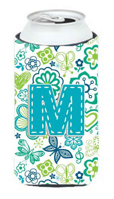 Letter M Flowers and Butterflies Teal Blue Tall Boy Beverage Insulator Hugger CJ2006-MTBC by Caroline&#39;s Treasures