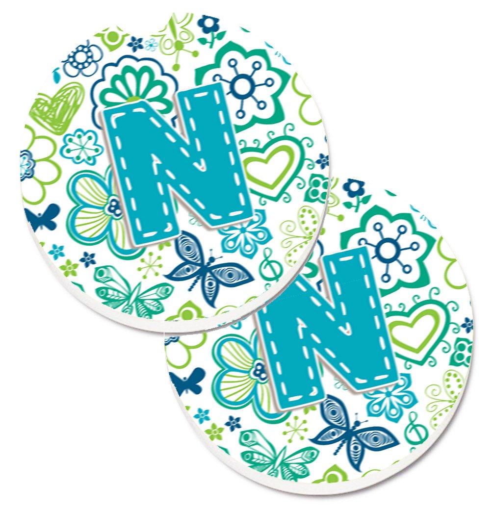 Letter N Flowers and Butterflies Teal Blue Set of 2 Cup Holder Car Coasters CJ2006-NCARC by Caroline&#39;s Treasures