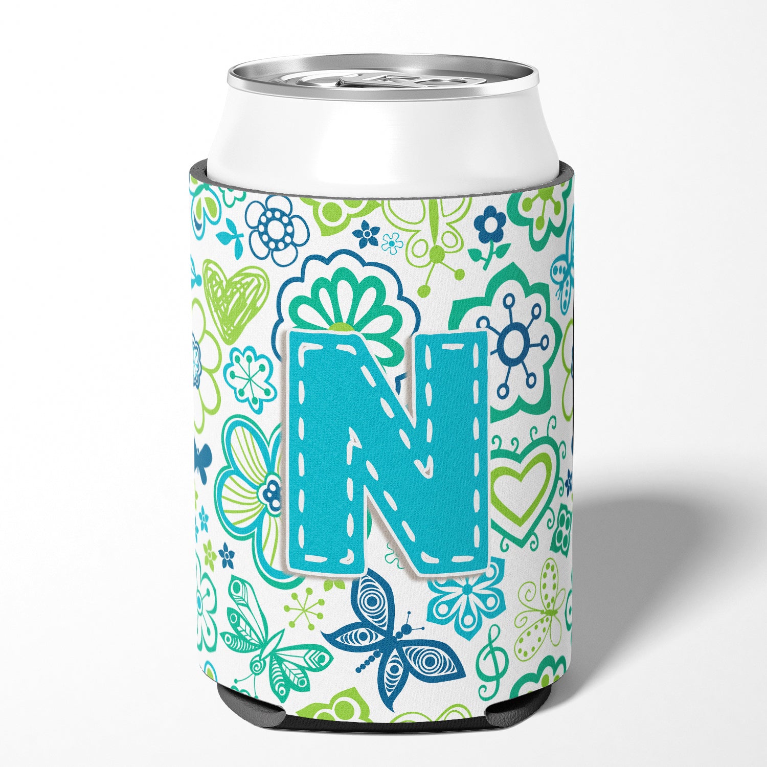 Letter N Flowers and Butterflies Teal Blue Can or Bottle Hugger CJ2006-NCC