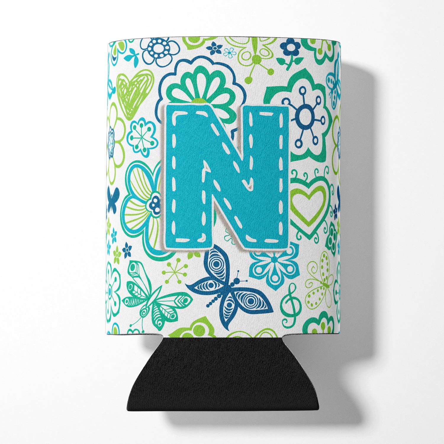 Letter N Flowers and Butterflies Teal Blue Can or Bottle Hugger CJ2006-NCC.