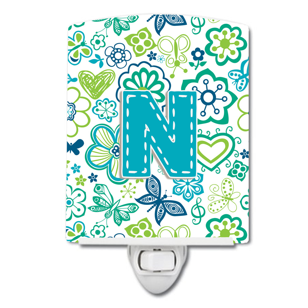 Letter N Flowers and Butterflies Teal Blue Ceramic Night Light CJ2006-NCNL - the-store.com
