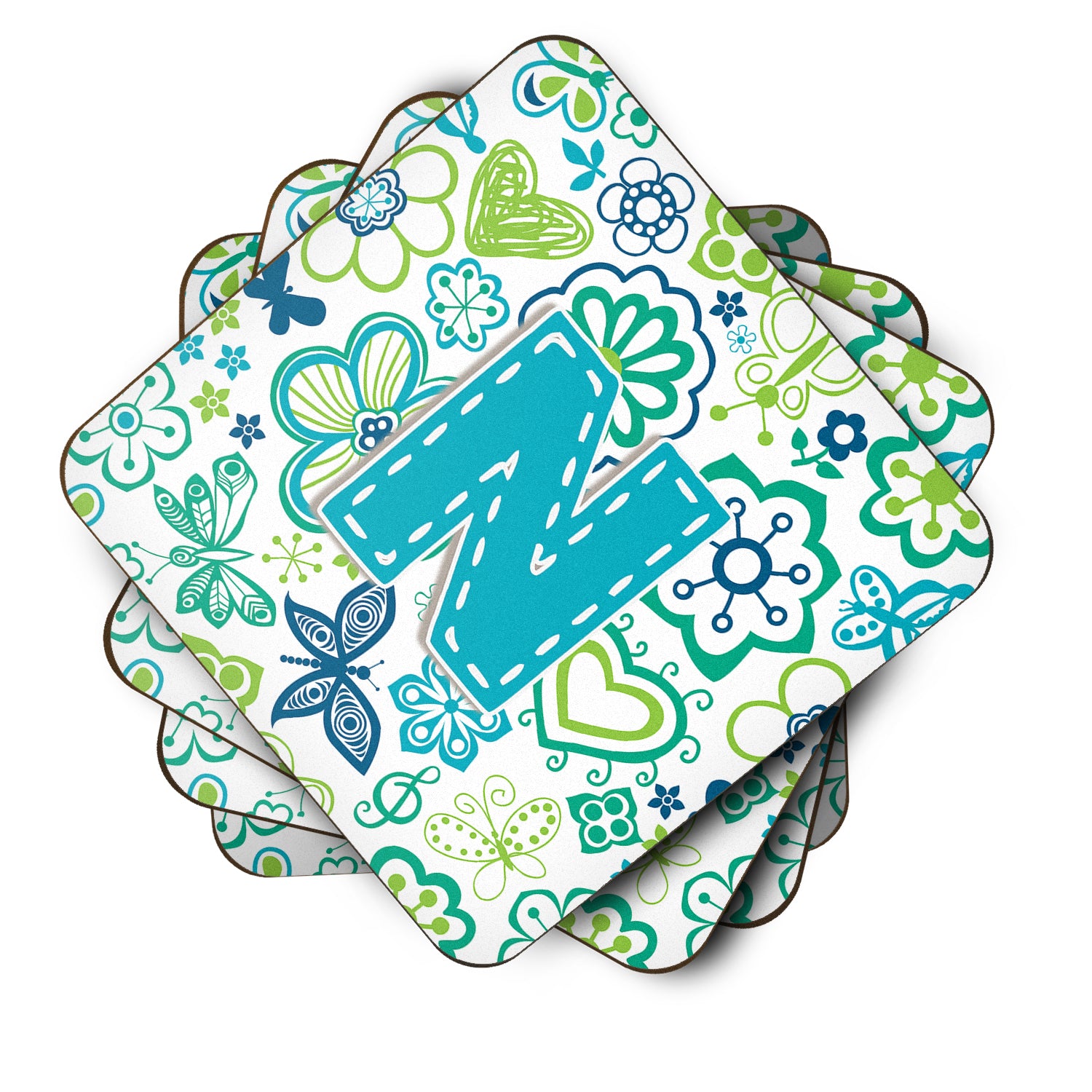 Set of 4 Letter N Flowers and Butterflies Teal Blue Foam Coasters CJ2006-NFC - the-store.com