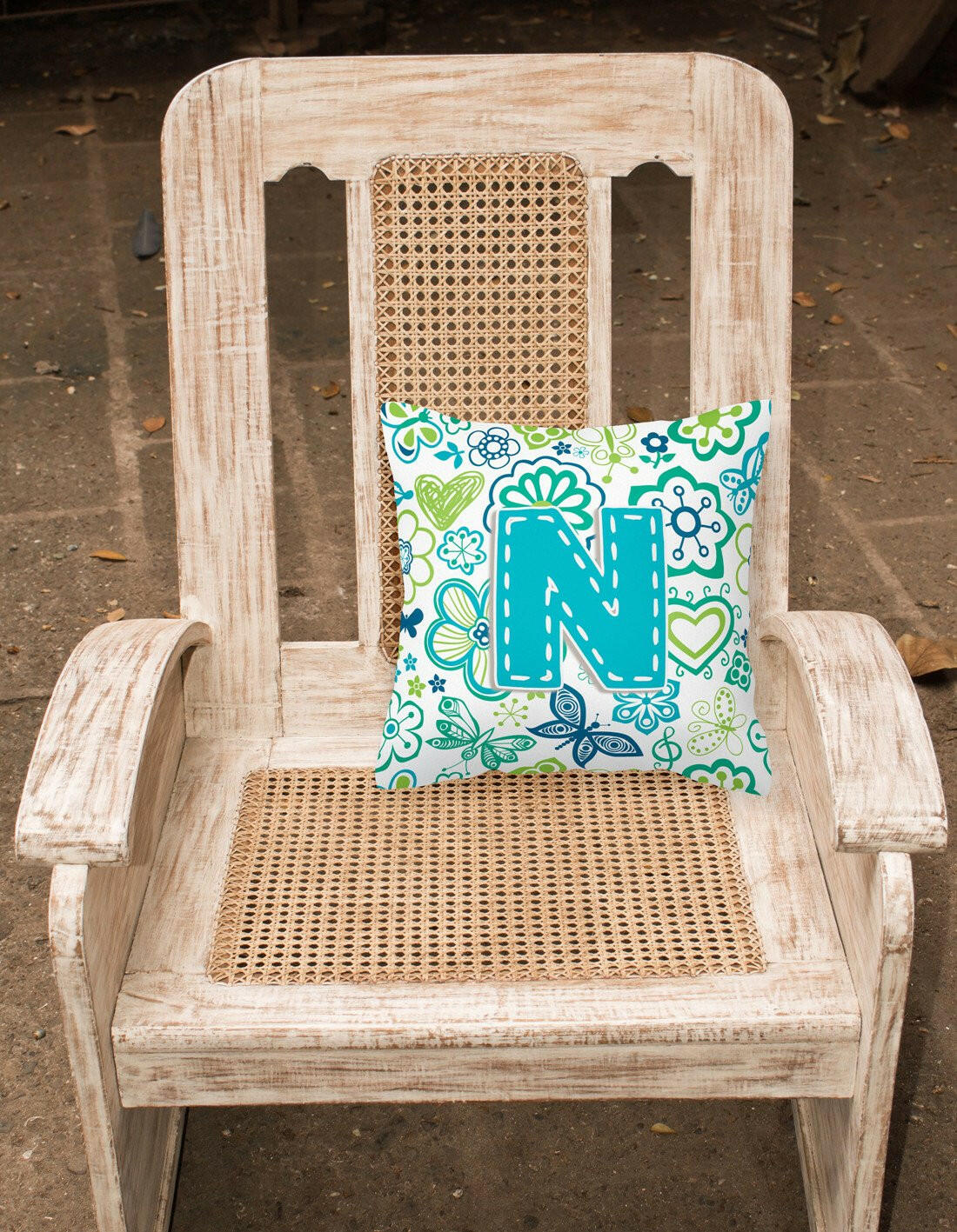 Letter N Flowers and Butterflies Teal Blue Canvas Fabric Decorative Pillow CJ2006-NPW1414 by Caroline's Treasures