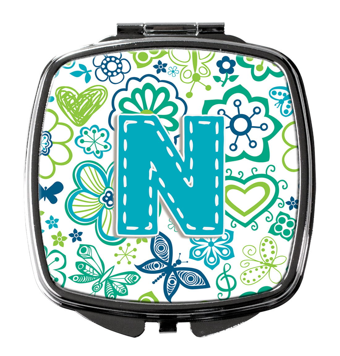 Caroline's Treasures Letter N Flowers and Butterflies Teal Blue Compact Mirror – Stylish Purse Mirror with Artistic Covers CJ2006-NSCM