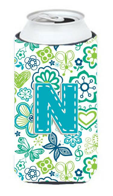 Letter N Flowers and Butterflies Teal Blue Tall Boy Beverage Insulator Hugger CJ2006-NTBC by Caroline&#39;s Treasures