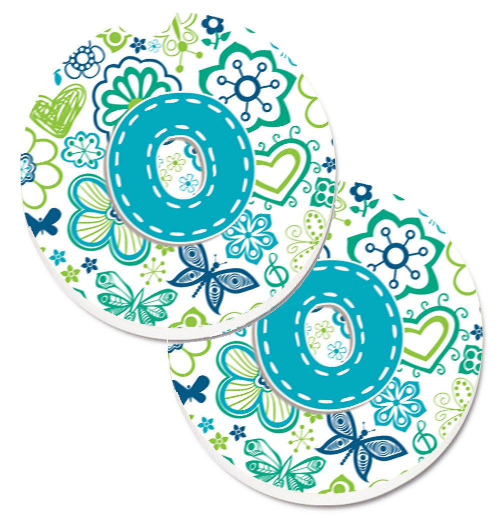 Letter O Flowers and Butterflies Teal Blue Set of 2 Cup Holder Car Coasters CJ2006-OCARC by Caroline&#39;s Treasures