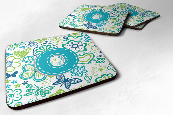 Set of 4 Letter O Flowers and Butterflies Teal Blue Foam Coasters CJ2006-OFC - the-store.com
