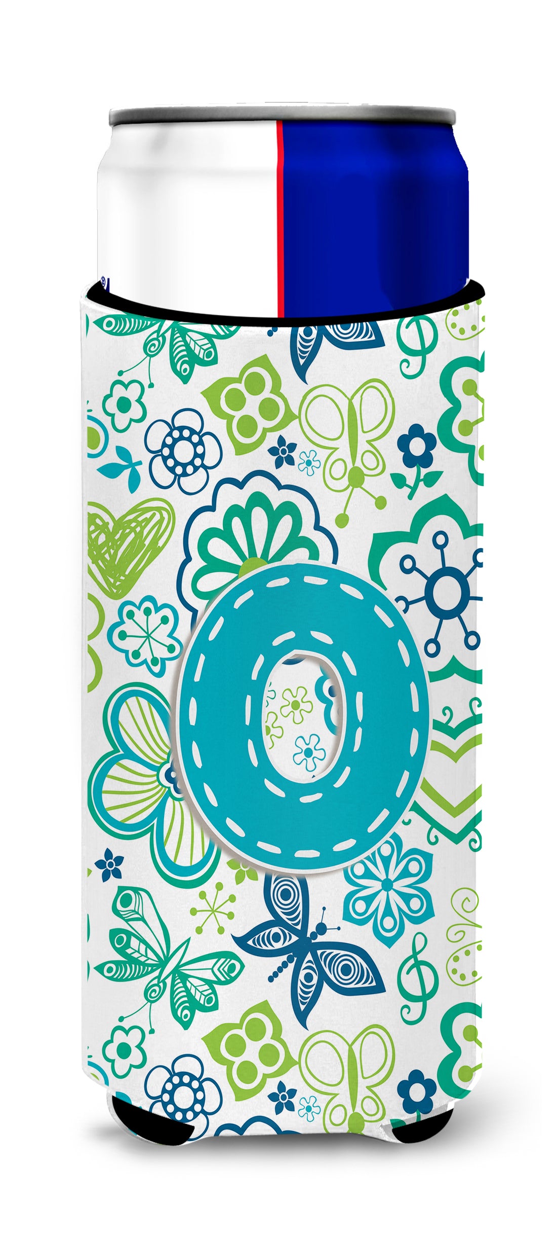 Letter O Flowers and Butterflies Teal Blue Ultra Beverage Insulators for slim cans CJ2006-OMUK.