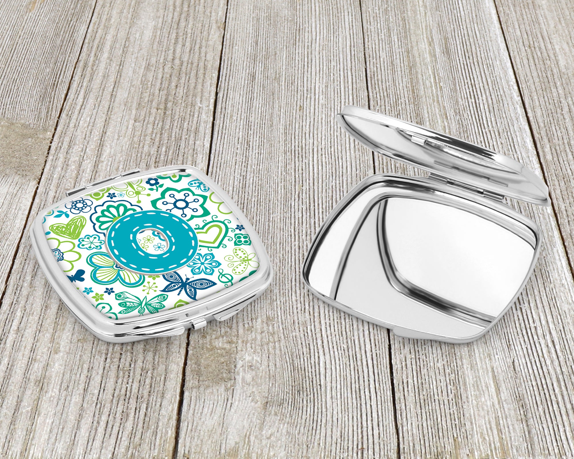 Letter O Flowers and Butterflies Teal Blue Compact Mirror CJ2006-OSCM