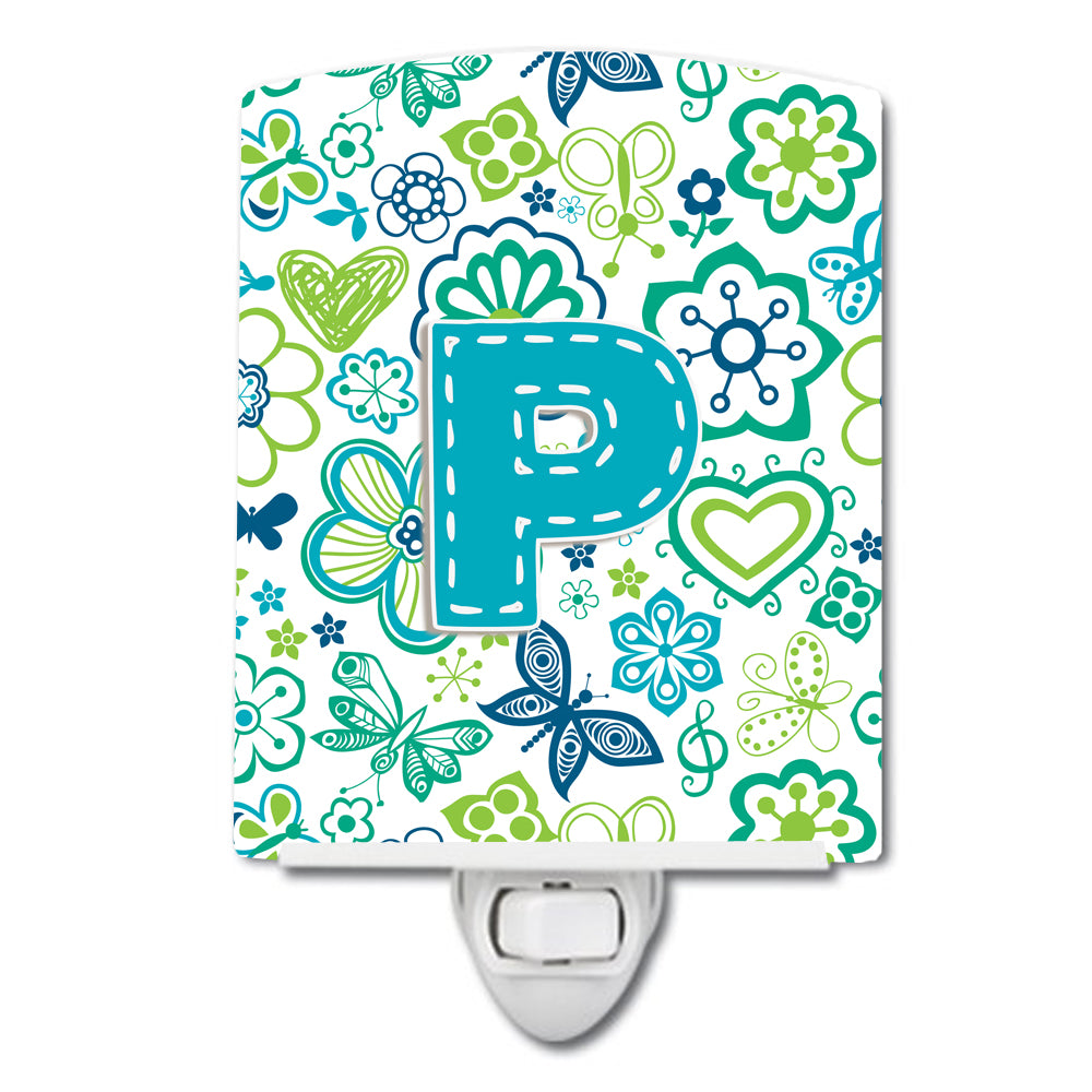 Letter P Flowers and Butterflies Teal Blue Ceramic Night Light CJ2006-PCNL - the-store.com
