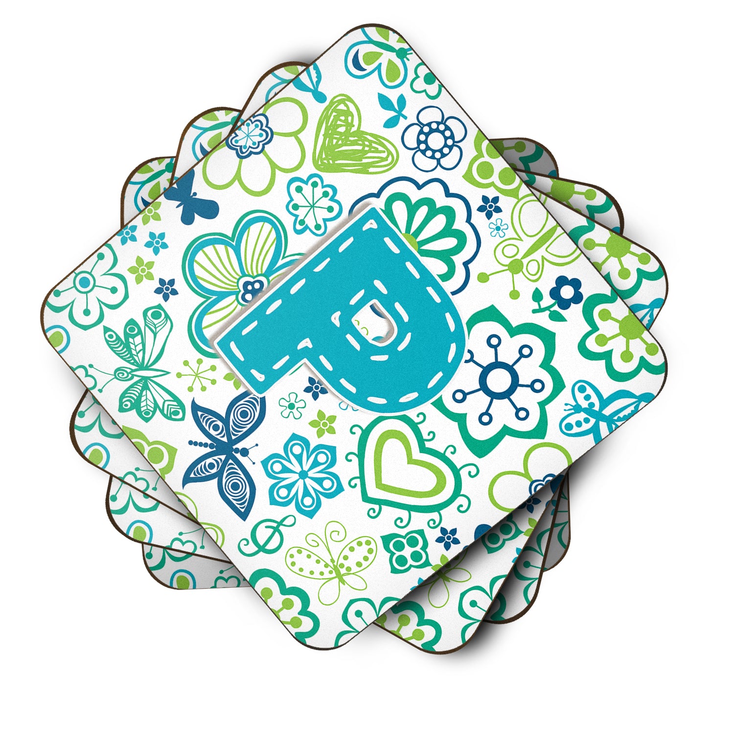 Set of 4 Letter P Flowers and Butterflies Teal Blue Foam Coasters CJ2006-PFC - the-store.com