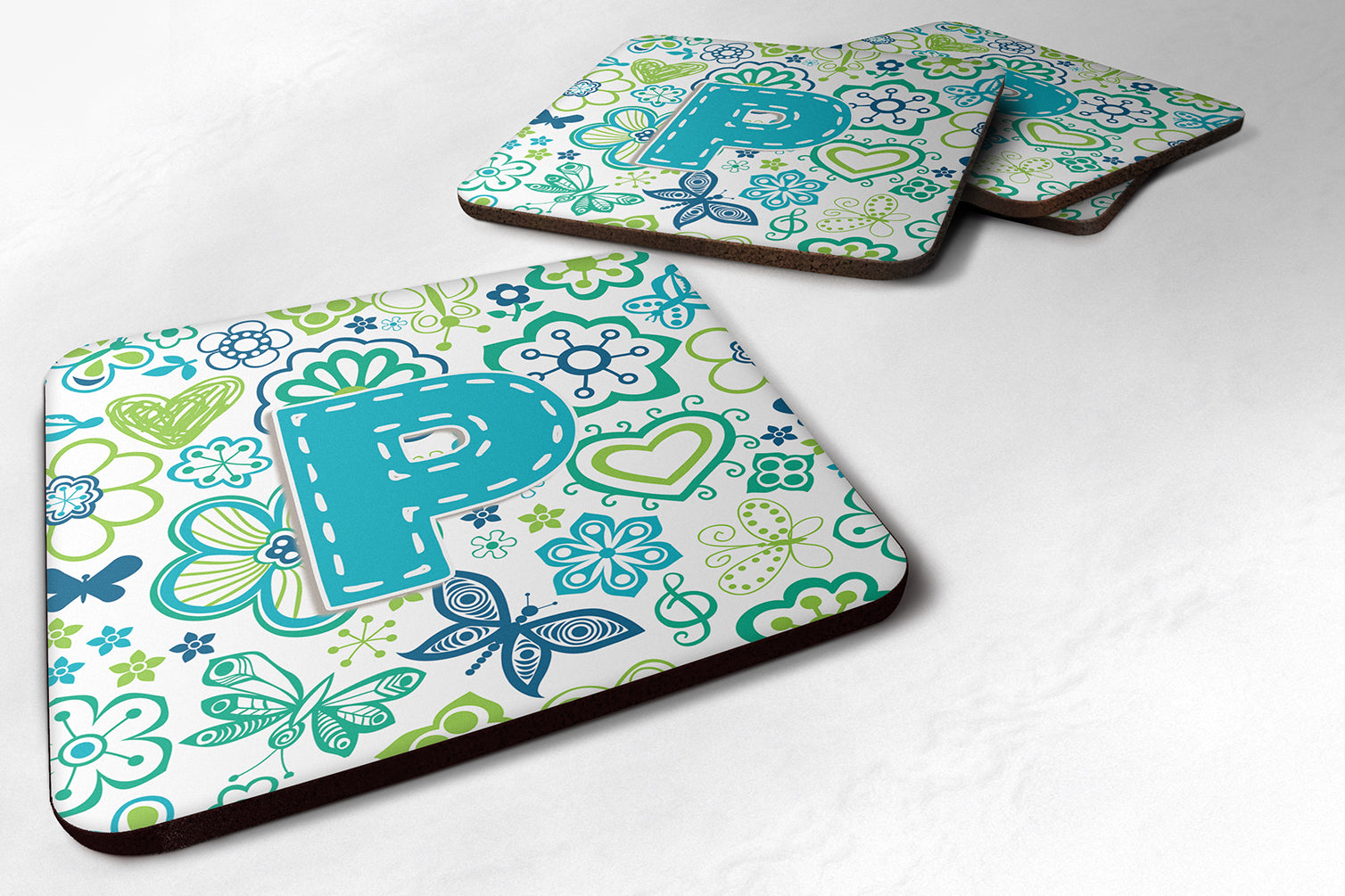 Set of 4 Letter P Flowers and Butterflies Teal Blue Foam Coasters CJ2006-PFC - the-store.com