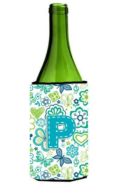 Letter P Flowers and Butterflies Teal Blue Wine Bottle Beverage Insulator Hugger CJ2006-PLITERK by Caroline's Treasures