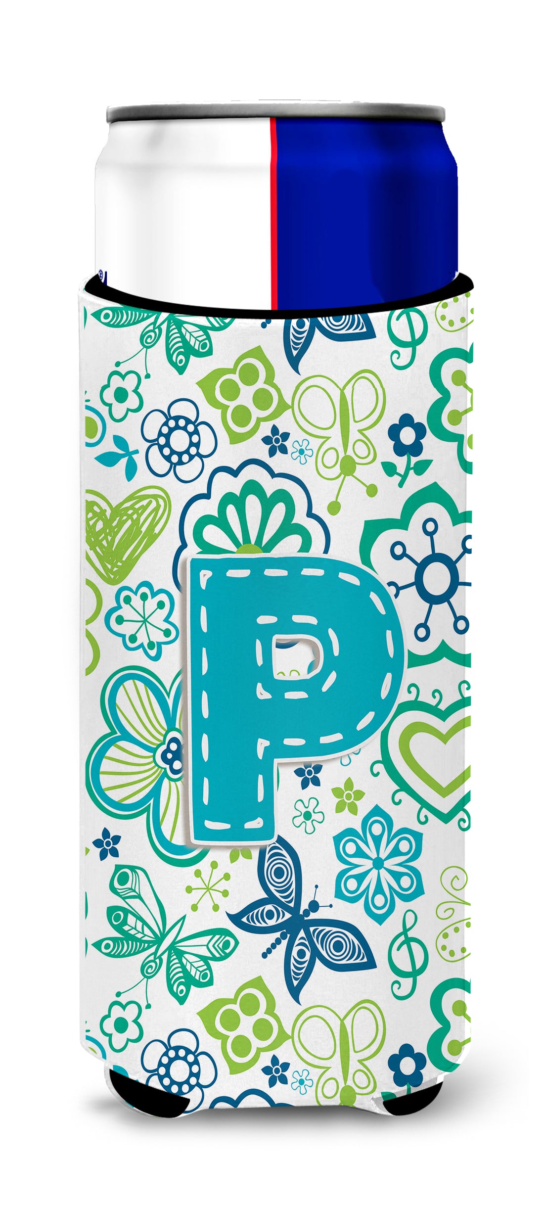 Letter P Flowers and Butterflies Teal Blue Ultra Beverage Insulators for slim cans CJ2006-PMUK.