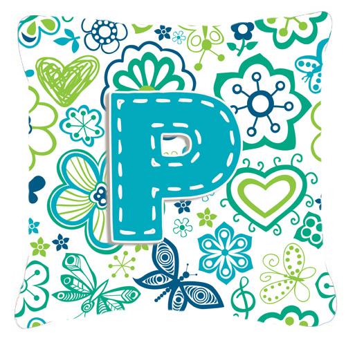 Letter P Flowers and Butterflies Teal Blue Canvas Fabric Decorative Pillow by Caroline&#39;s Treasures