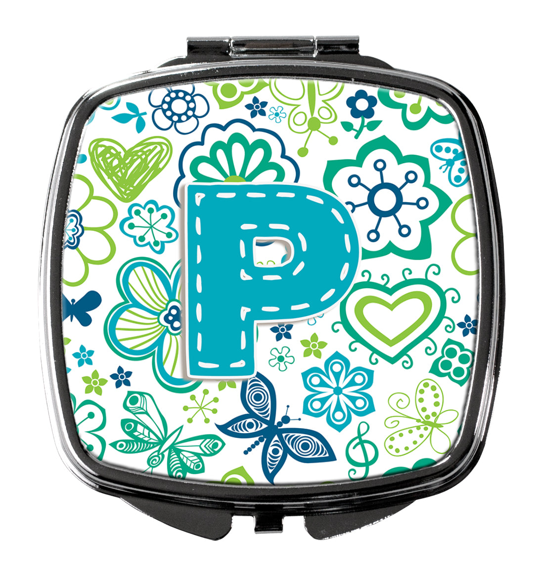 Letter P Flowers and Butterflies Teal Blue Compact Mirror CJ2006-PSCM  the-store.com.