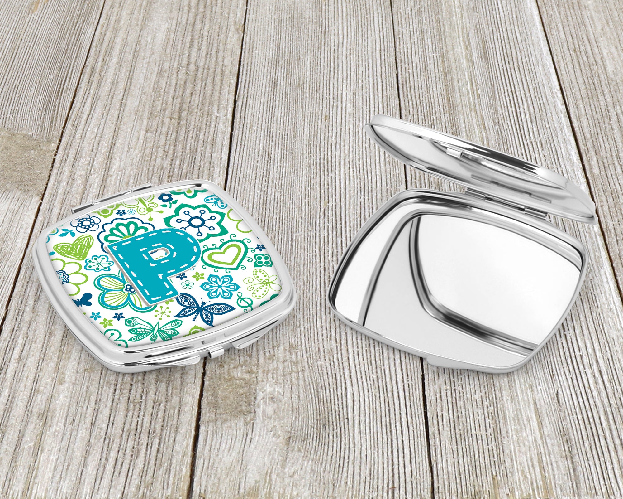 Letter P Flowers and Butterflies Teal Blue Compact Mirror CJ2006-PSCM