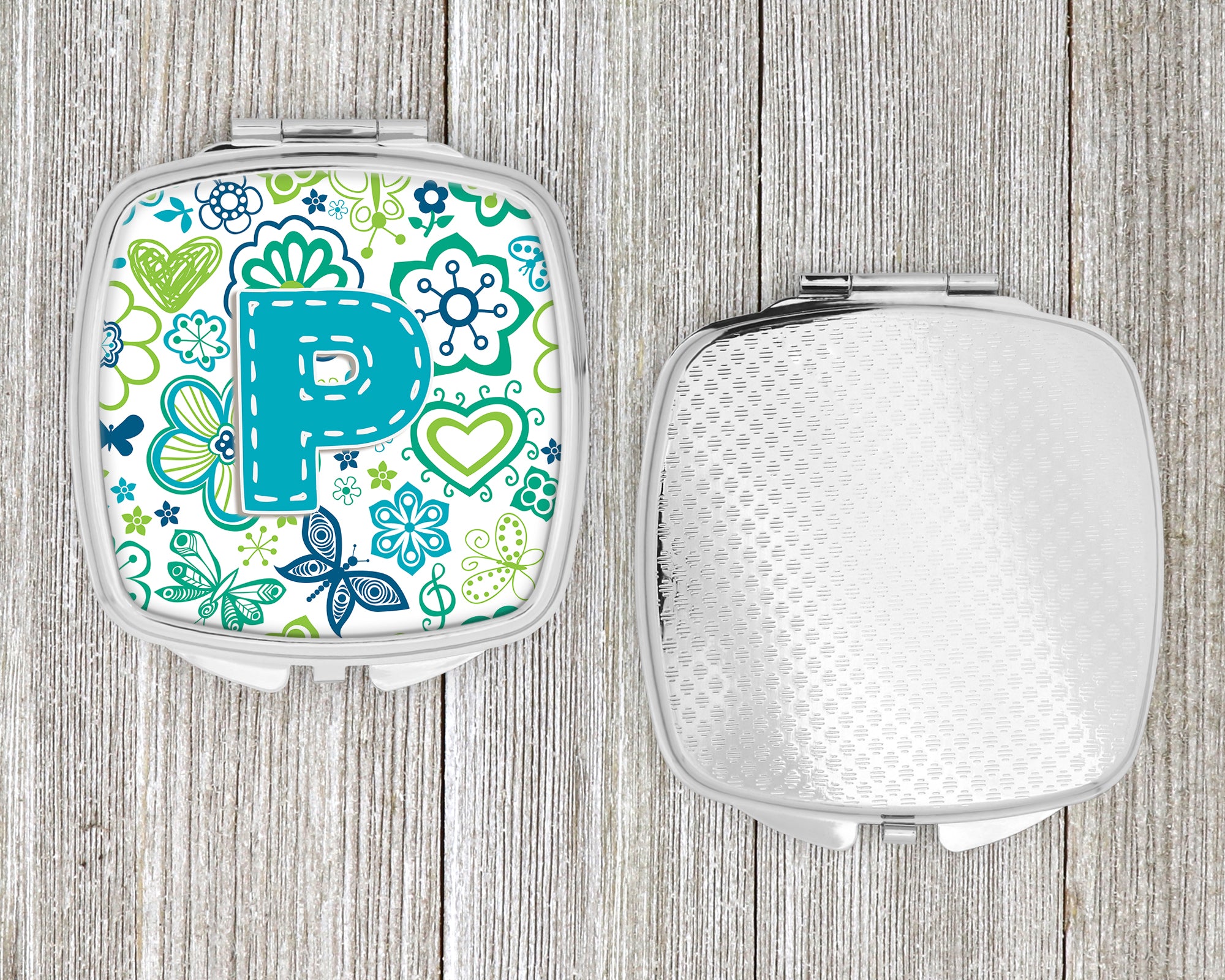 Letter P Flowers and Butterflies Teal Blue Compact Mirror CJ2006-PSCM