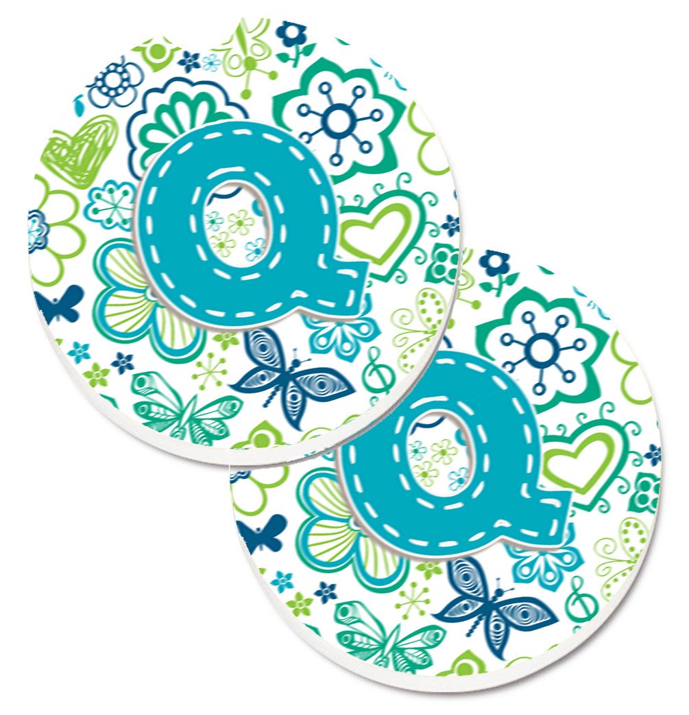 Letter Q Flowers and Butterflies Teal Blue Set of 2 Cup Holder Car Coasters CJ2006-QCARC by Caroline&#39;s Treasures