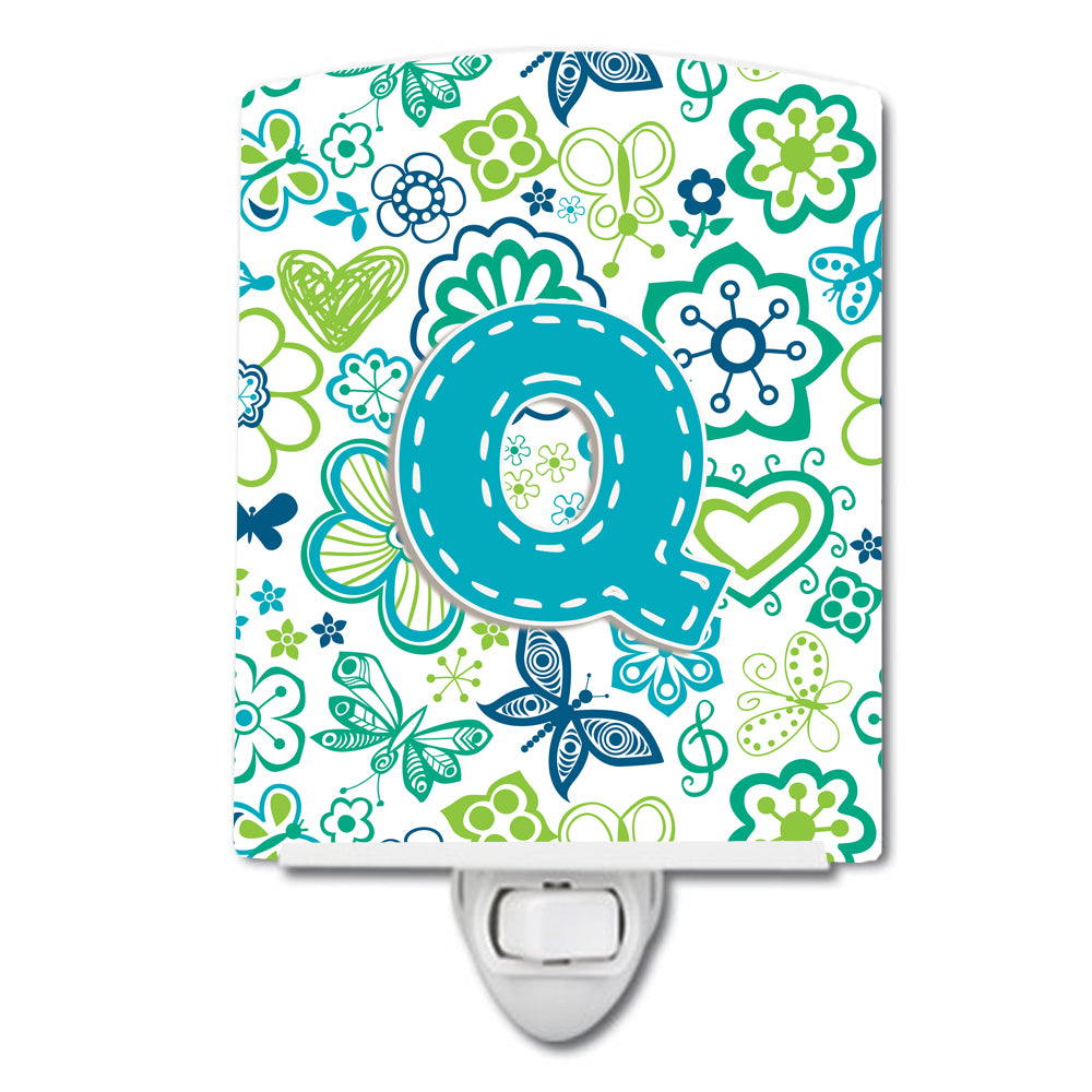 Letter Q Flowers and Butterflies Teal Blue Ceramic Night Light CJ2006-QCNL - the-store.com