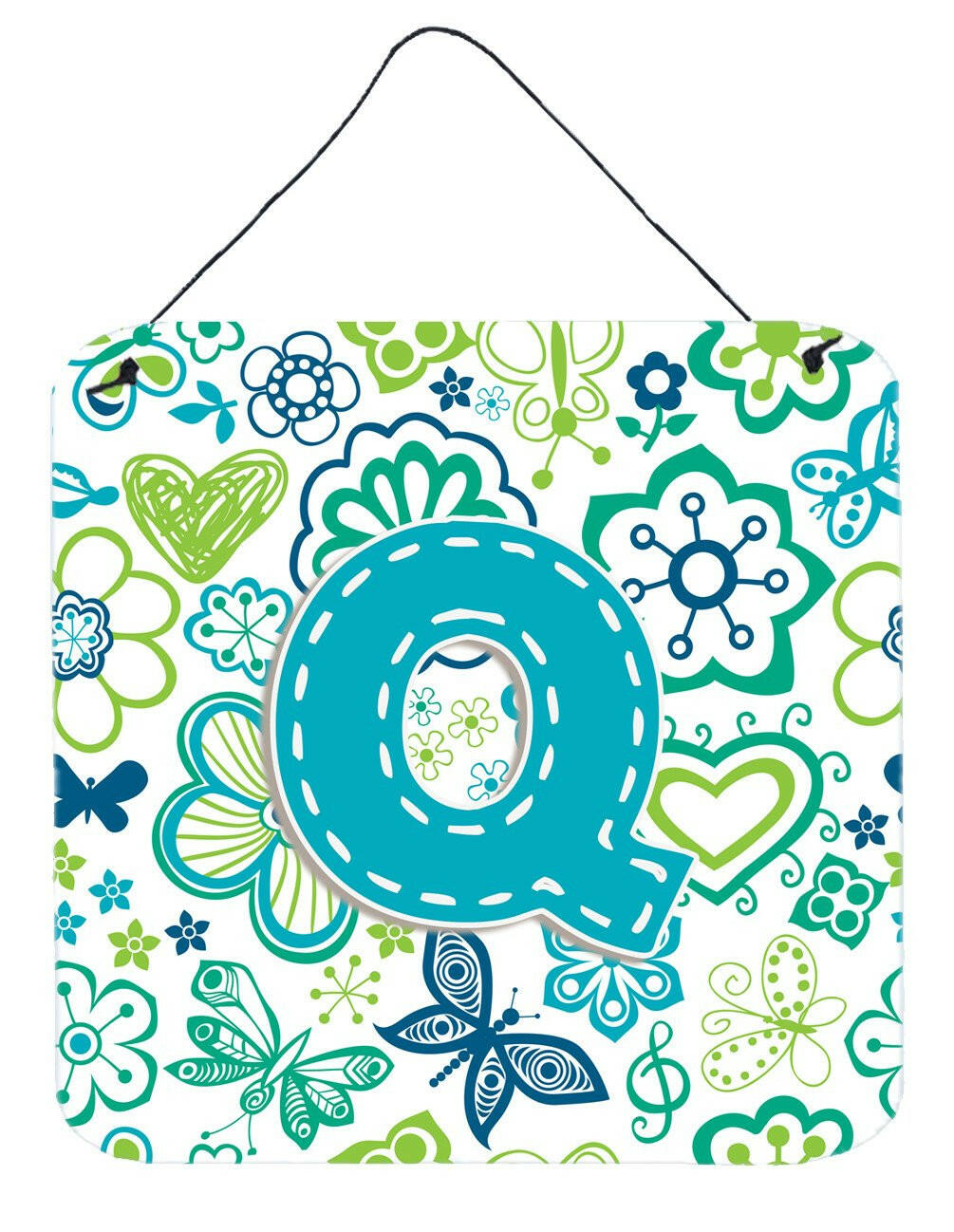 Letter Q Flowers and Butterflies Teal Blue Wall or Door Hanging Prints CJ2006-QDS66 by Caroline&#39;s Treasures