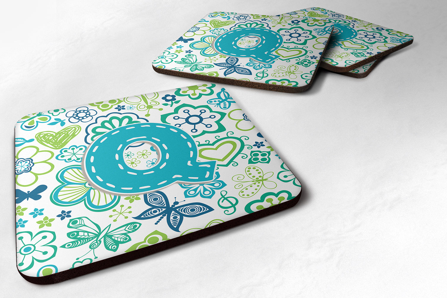 Set of 4 Letter Q Flowers and Butterflies Teal Blue Foam Coasters CJ2006-QFC - the-store.com