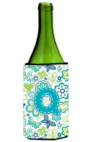 Letter Q Flowers and Butterflies Teal Blue Wine Bottle Beverage Insulator Hugger CJ2006-QLITERK by Caroline&#39;s Treasures