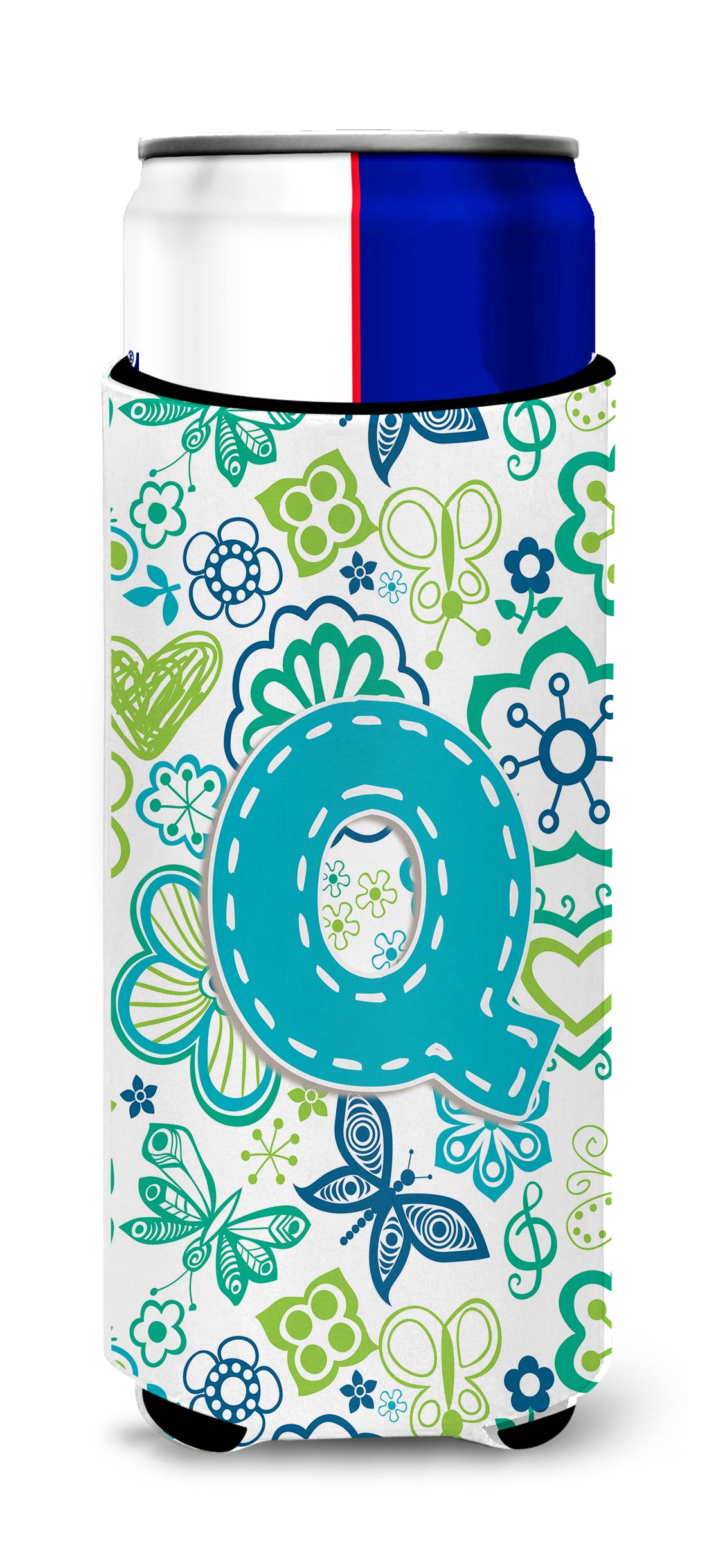 Letter Q Flowers and Butterflies Teal Blue Ultra Beverage Insulators for slim cans CJ2006-QMUK