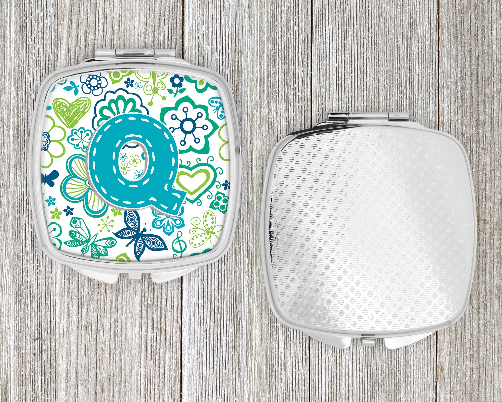 Letter Q Flowers and Butterflies Teal Blue Compact Mirror CJ2006-QSCM  the-store.com.
