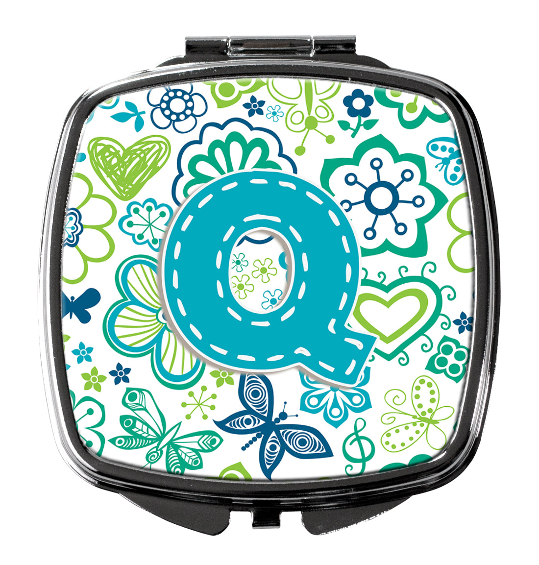 Letter Q Flowers and Butterflies Teal Blue Compact Mirror CJ2006-QSCM