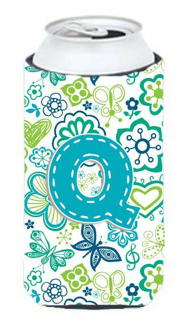 Letter Q Flowers and Butterflies Teal Blue Tall Boy Beverage Insulator Hugger CJ2006-QTBC by Caroline&#39;s Treasures
