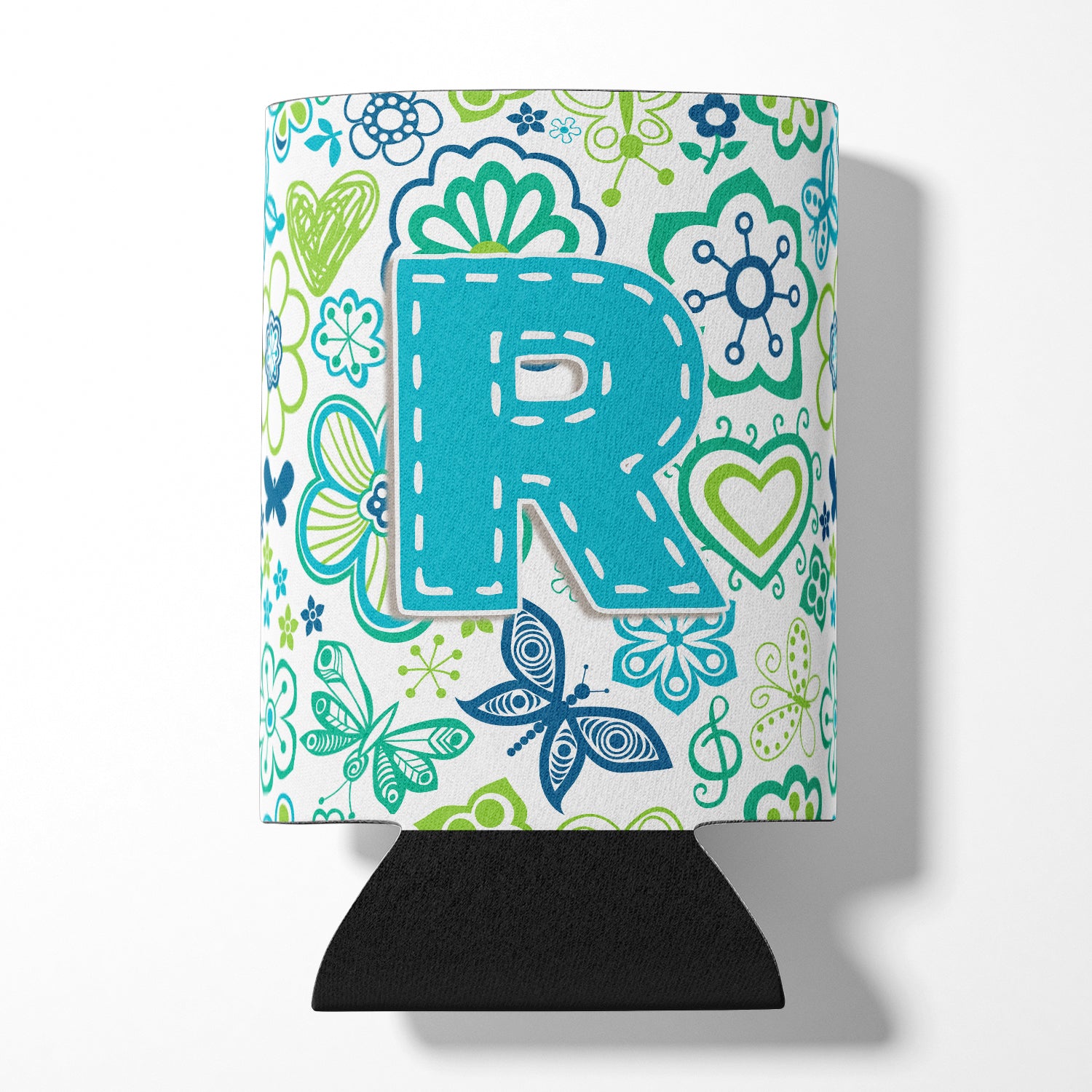 Letter R Flowers and Butterflies Teal Blue Can or Bottle Hugger CJ2006-RCC