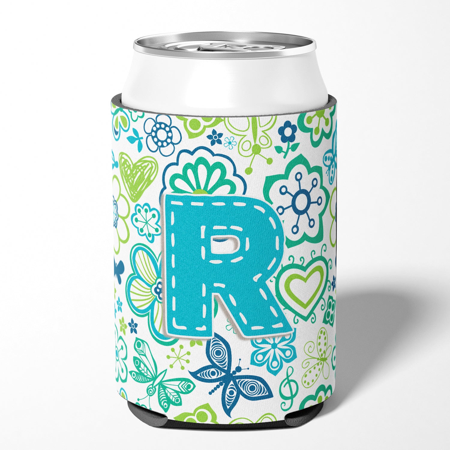 Letter R Flowers and Butterflies Teal Blue Can or Bottle Hugger CJ2006-RCC