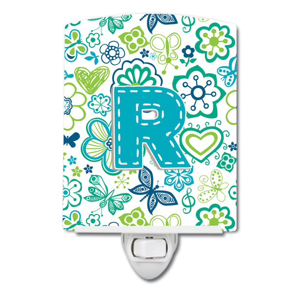 Letter R Flowers and Butterflies Teal Blue Ceramic Night Light CJ2006-RCNL - the-store.com