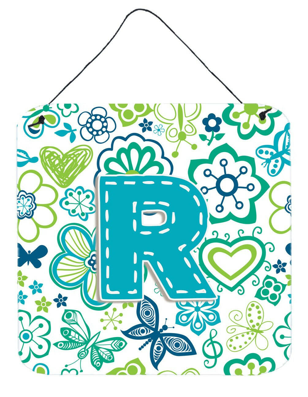 Letter R Flowers and Butterflies Teal Blue Wall or Door Hanging Prints CJ2006-RDS66 by Caroline&#39;s Treasures
