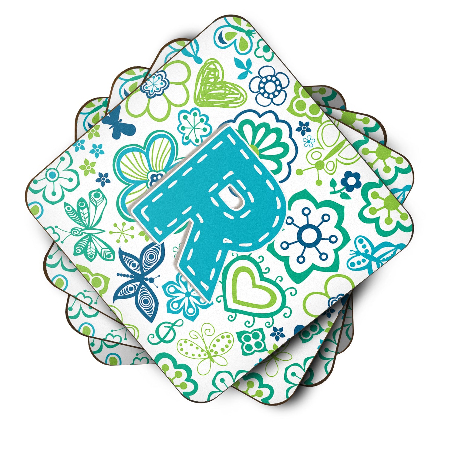 Set of 4 Letter R Flowers and Butterflies Teal Blue Foam Coasters CJ2006-RFC - the-store.com