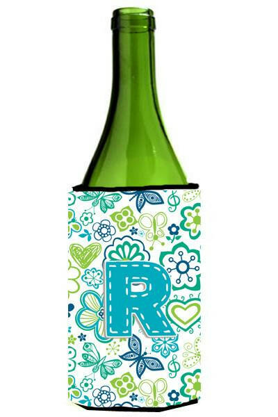 Letter R Flowers and Butterflies Teal Blue Wine Bottle Beverage Insulator Hugger CJ2006-RLITERK by Caroline's Treasures