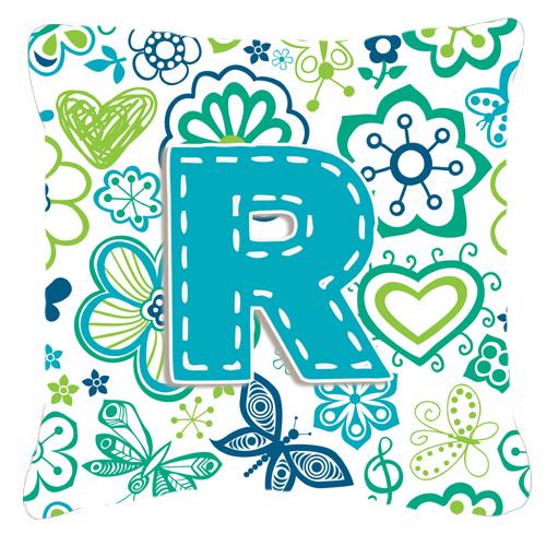 Letter R Flowers and Butterflies Teal Blue Canvas Fabric Decorative Pillow by Caroline&#39;s Treasures