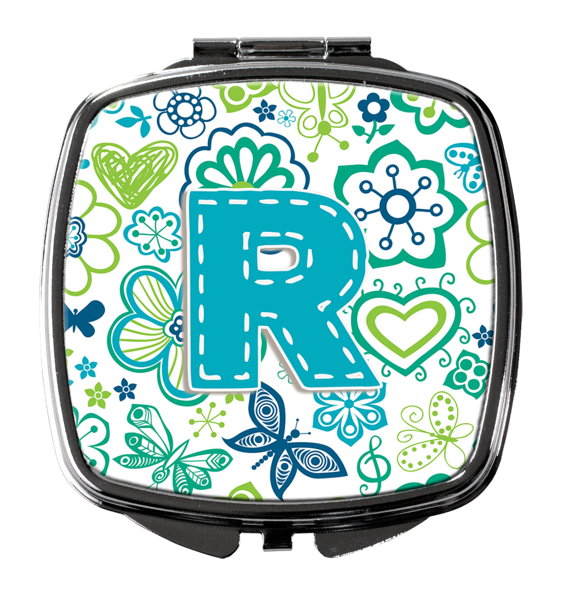 Letter R Flowers and Butterflies Teal Blue Compact Mirror CJ2006-RSCM  the-store.com.