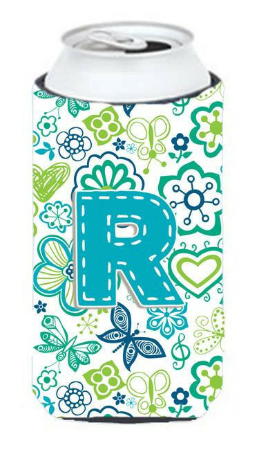 Letter R Flowers and Butterflies Teal Blue Tall Boy Beverage Insulator Hugger CJ2006-RTBC by Caroline's Treasures