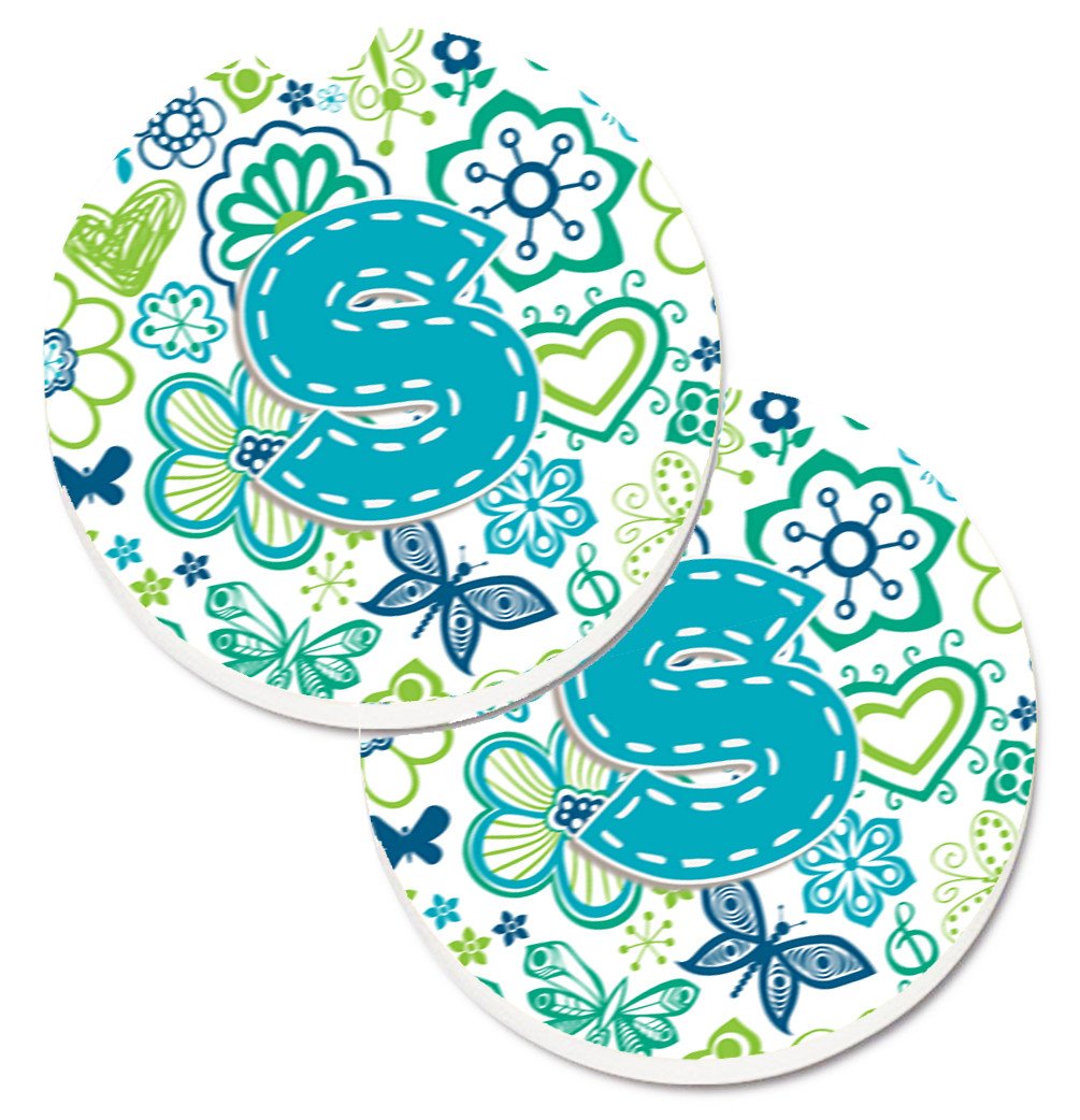 Letter S Flowers and Butterflies Teal Blue Set of 2 Cup Holder Car Coasters CJ2006-SCARC by Caroline&#39;s Treasures