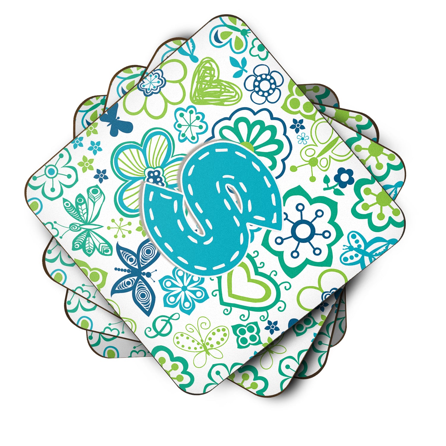 Set of 4 Letter S Flowers and Butterflies Teal Blue Foam Coasters CJ2006-SFC - the-store.com