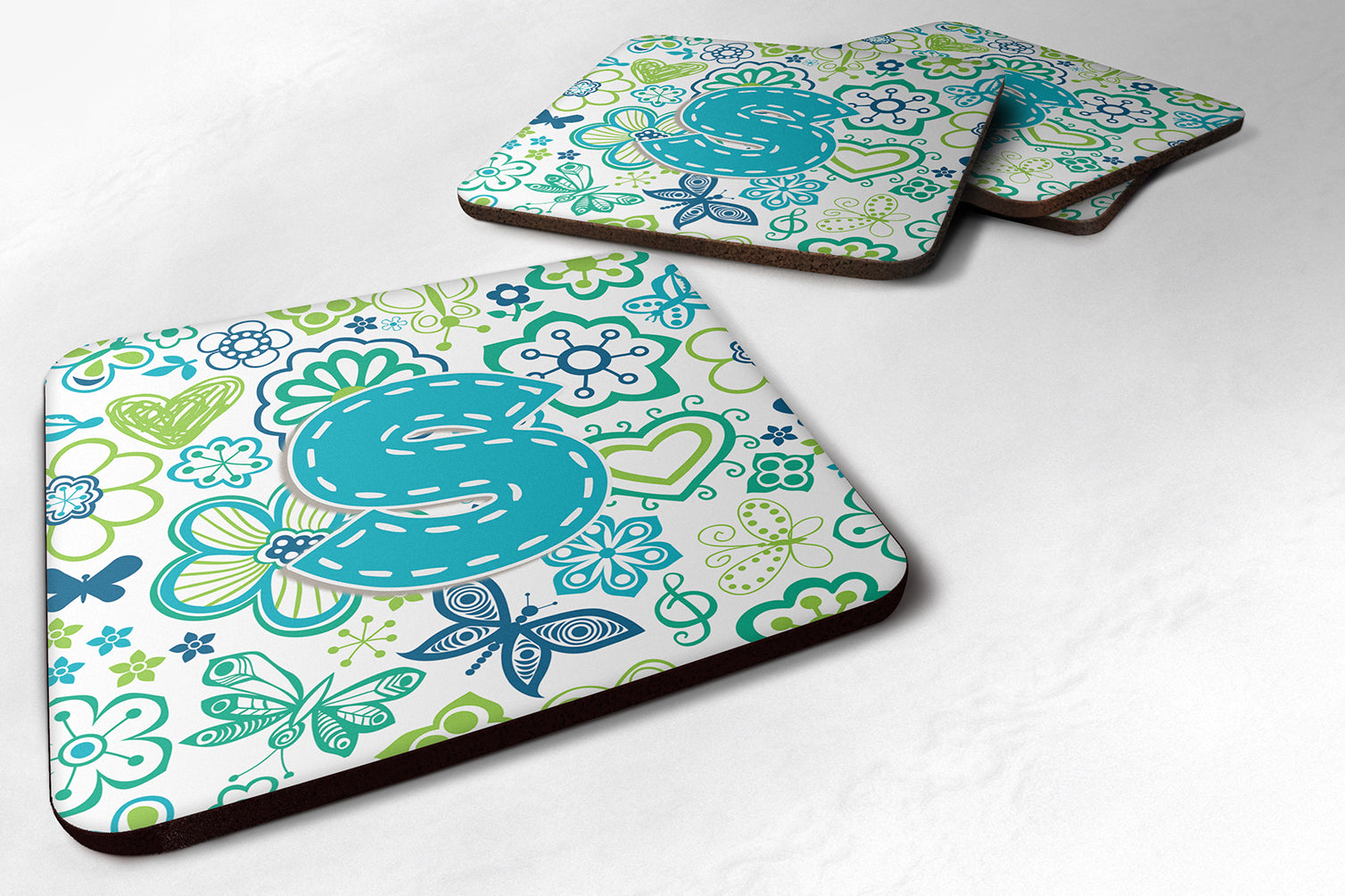 Set of 4 Letter S Flowers and Butterflies Teal Blue Foam Coasters CJ2006-SFC - the-store.com