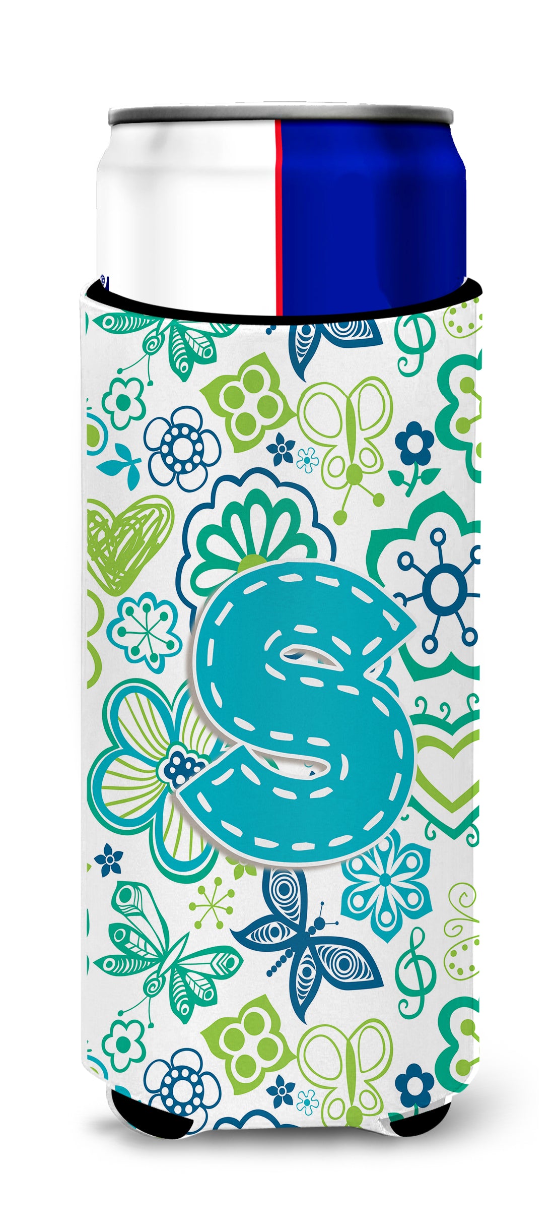 Letter S Flowers and Butterflies Teal Blue Ultra Beverage Insulators for slim cans CJ2006-SMUK.