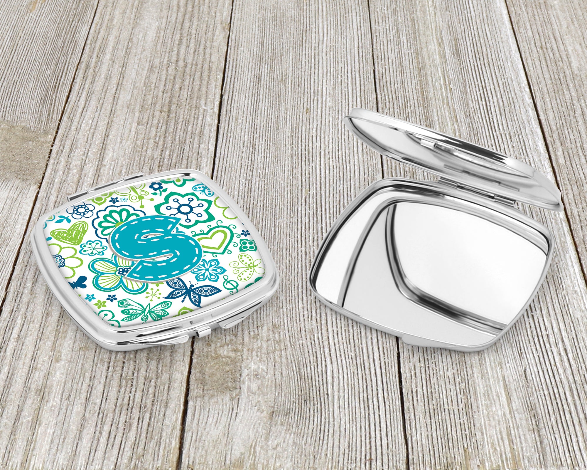 Letter S Flowers and Butterflies Teal Blue Compact Mirror CJ2006-SSCM  the-store.com.